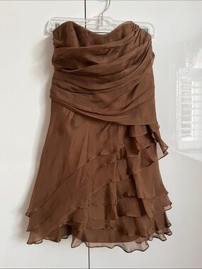 NWOT 100% Silk ABS Allen Schwartz Brown Strapless Ruffle Cocktail Dress, Size 8